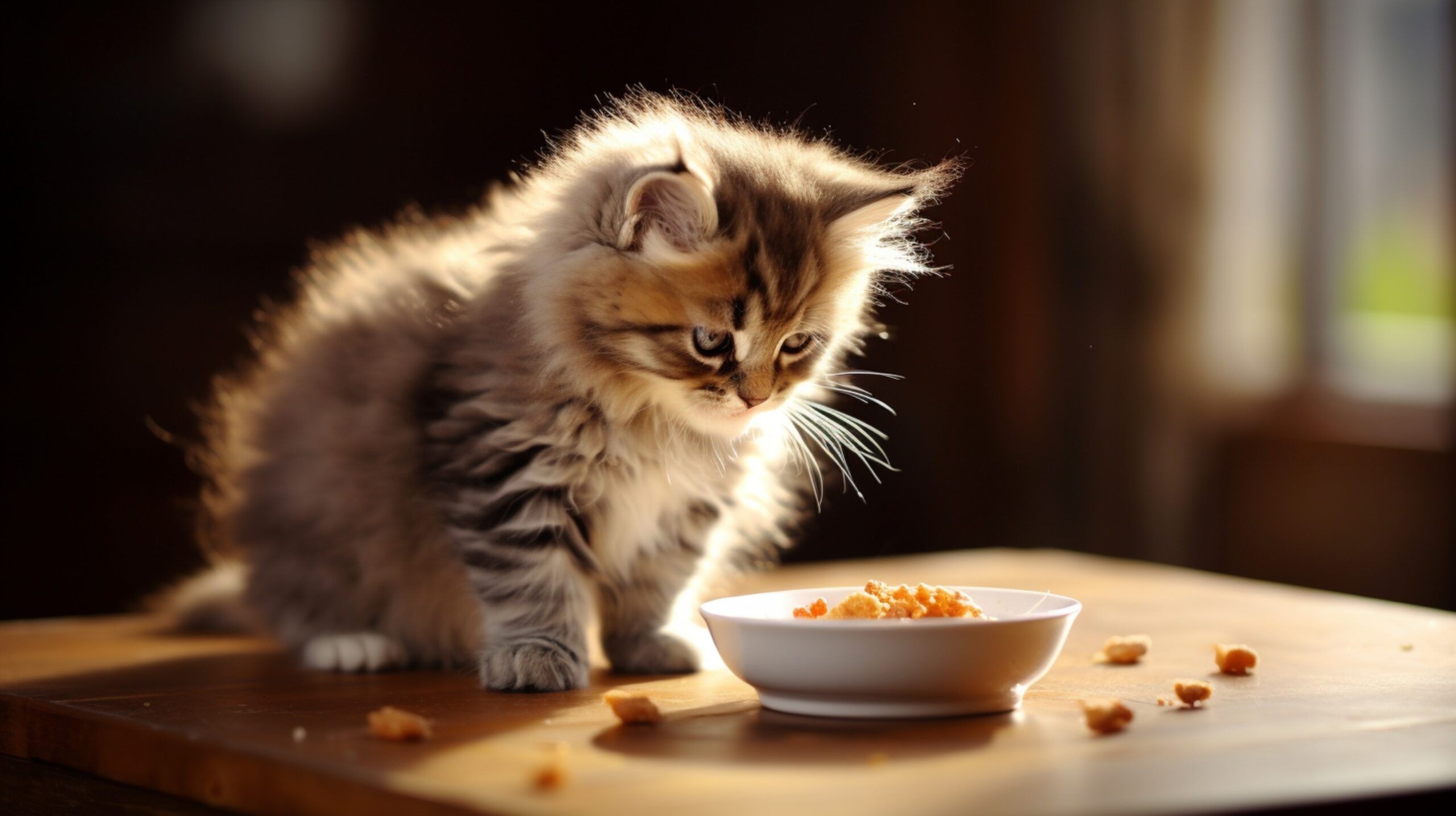 vecteezy_fluffy-kitten-eating-from-saucer-on-wooden-table-indoors_32937329